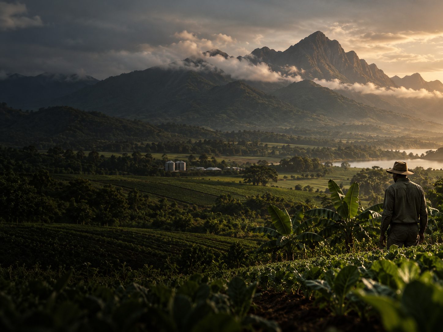 Farmer overlooking lush farmland and mountains at sunrise
