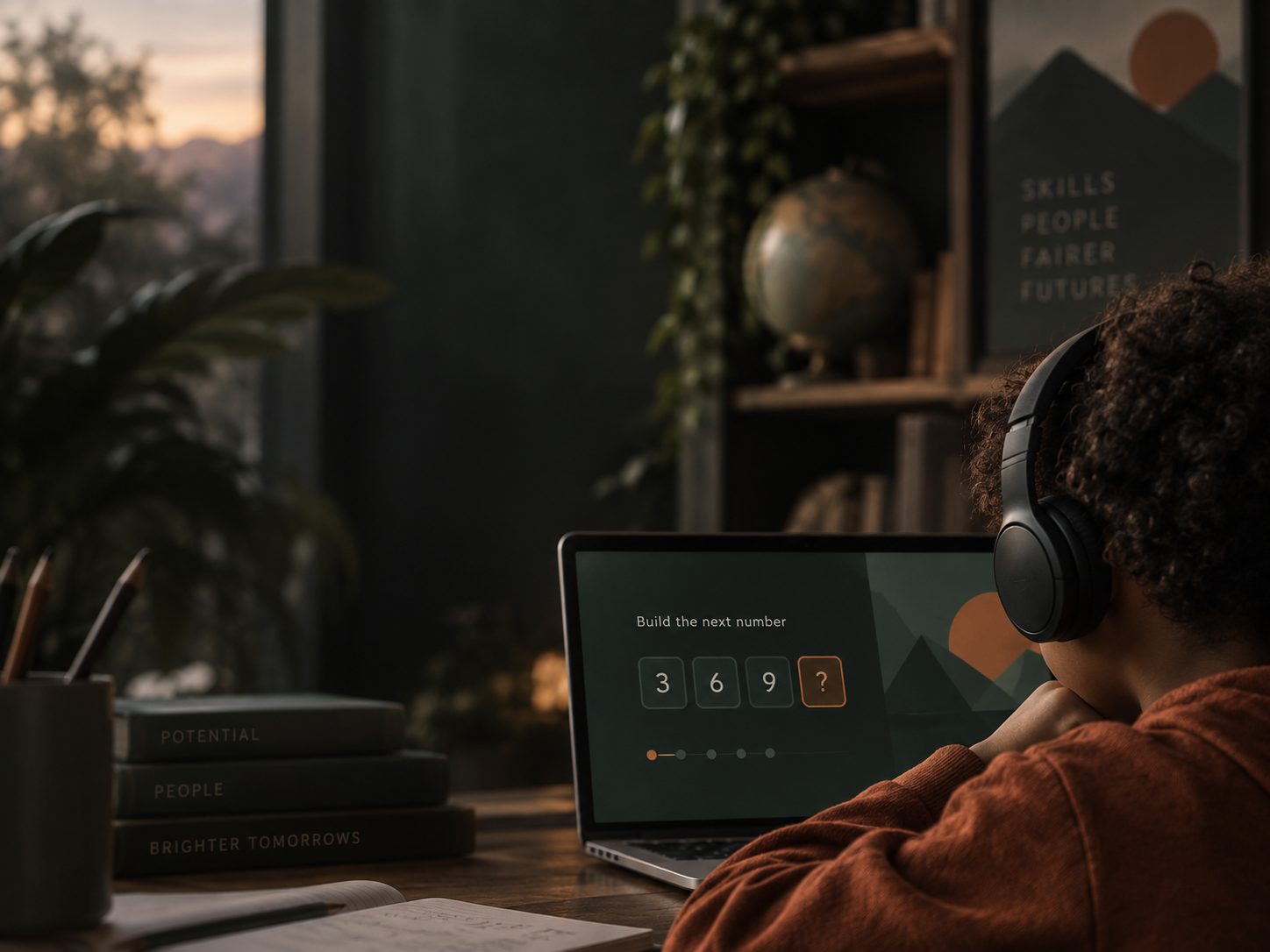 Child wearing headphones learning maths on a laptop